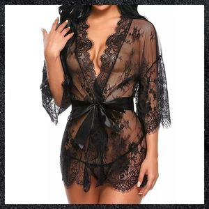 Black Sheer Floral Lace Robe